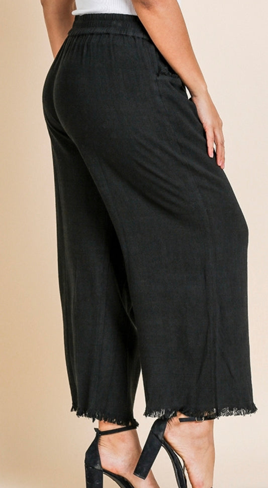 Linen Blend Frayed Hem Wide Leg Pants