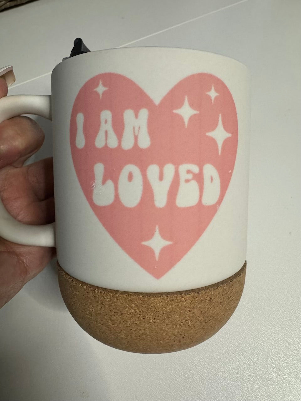 I am Loved 15 oz Ceramic Coffee Mug with Removable Coaster and Sliding Lid