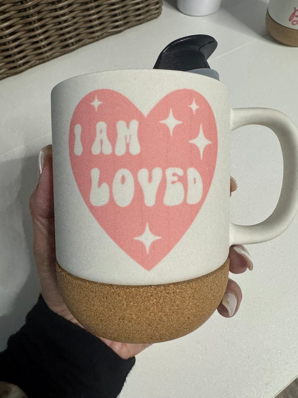 I am Loved 15 oz Ceramic Coffee Mug with Removable Coaster and Sliding Lid