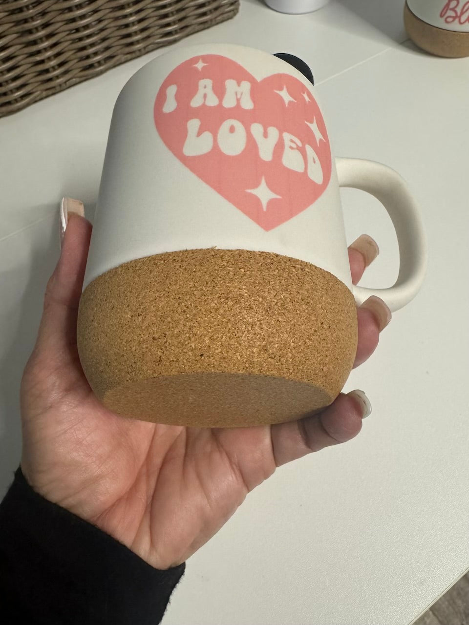 I am Loved 15 oz Ceramic Coffee Mug with Removable Coaster and Sliding Lid