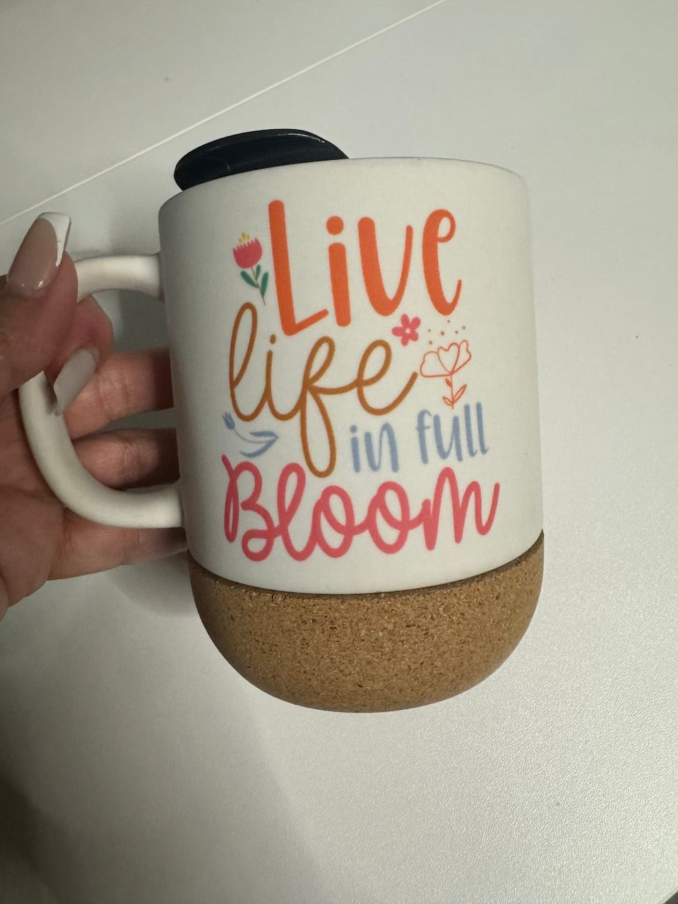 Live Life in full Bloom 15 oz Ceramic Coffee Mug with Removable Coaster and Sliding Lid