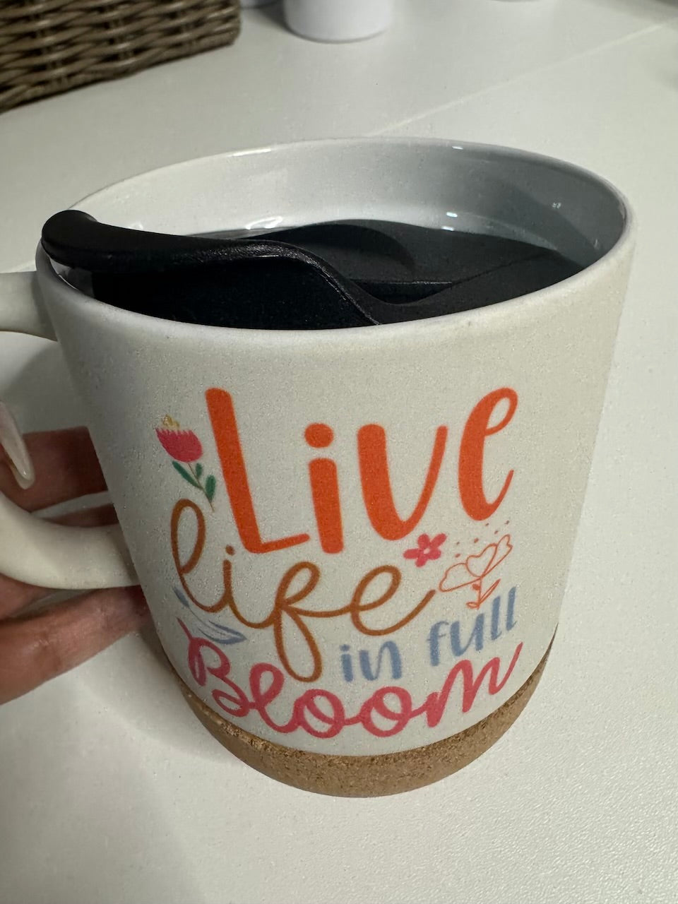 Live Life in full Bloom 15 oz Ceramic Coffee Mug with Removable Coaster and Sliding Lid