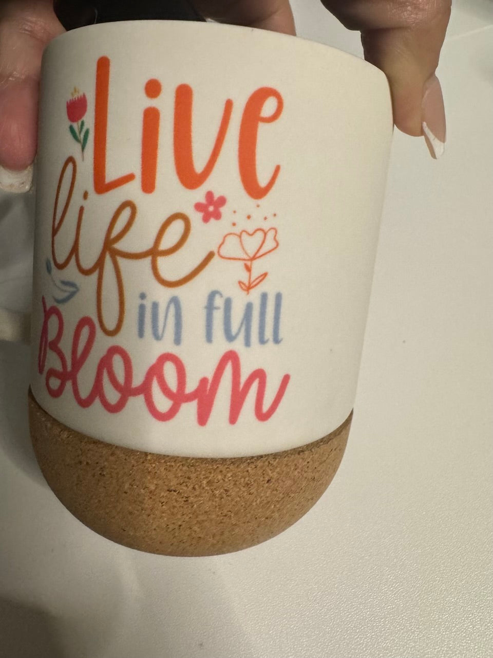 Live Life in full Bloom 15 oz Ceramic Coffee Mug with Removable Coaster and Sliding Lid