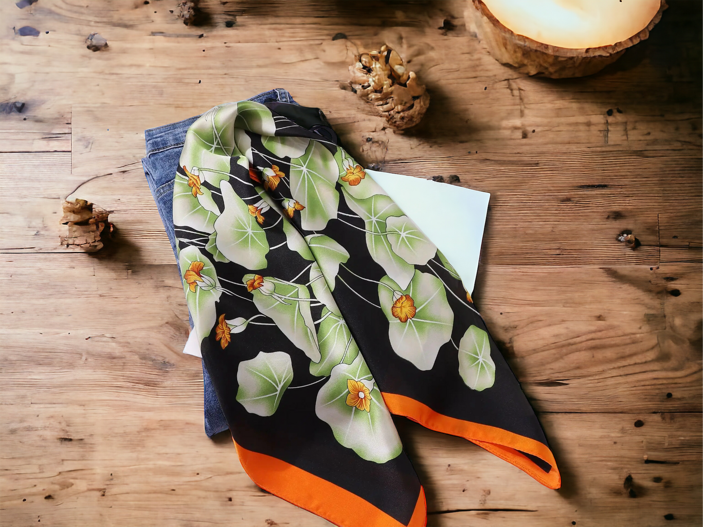 Orange Trim Floral Print Scarf