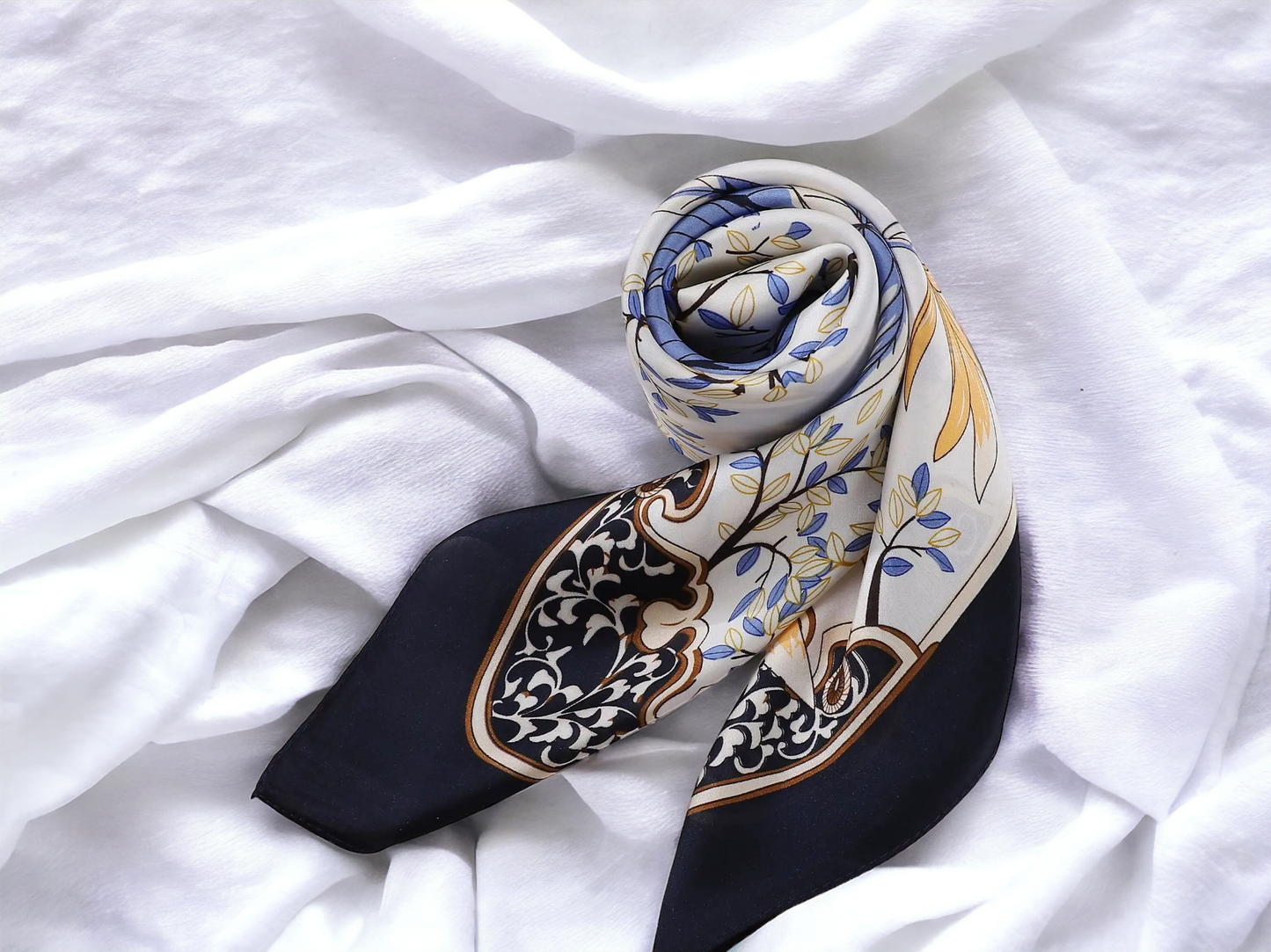 Navy Blue Trim and Leaf Scarf